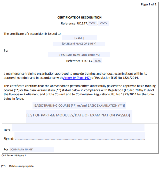 Blank CAA Form 148 Certificate of Recognition of completion of either the basic training or the basic examination, or both the basic training and basic training examinations